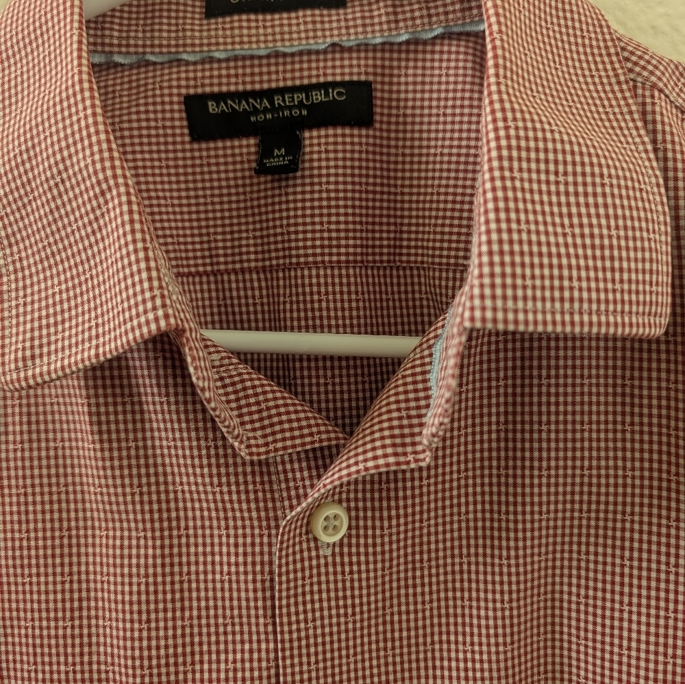 Banana Republic Grant Fit Non Iron Red White Checked Dress Shirt Medium - Picture 3 of 5